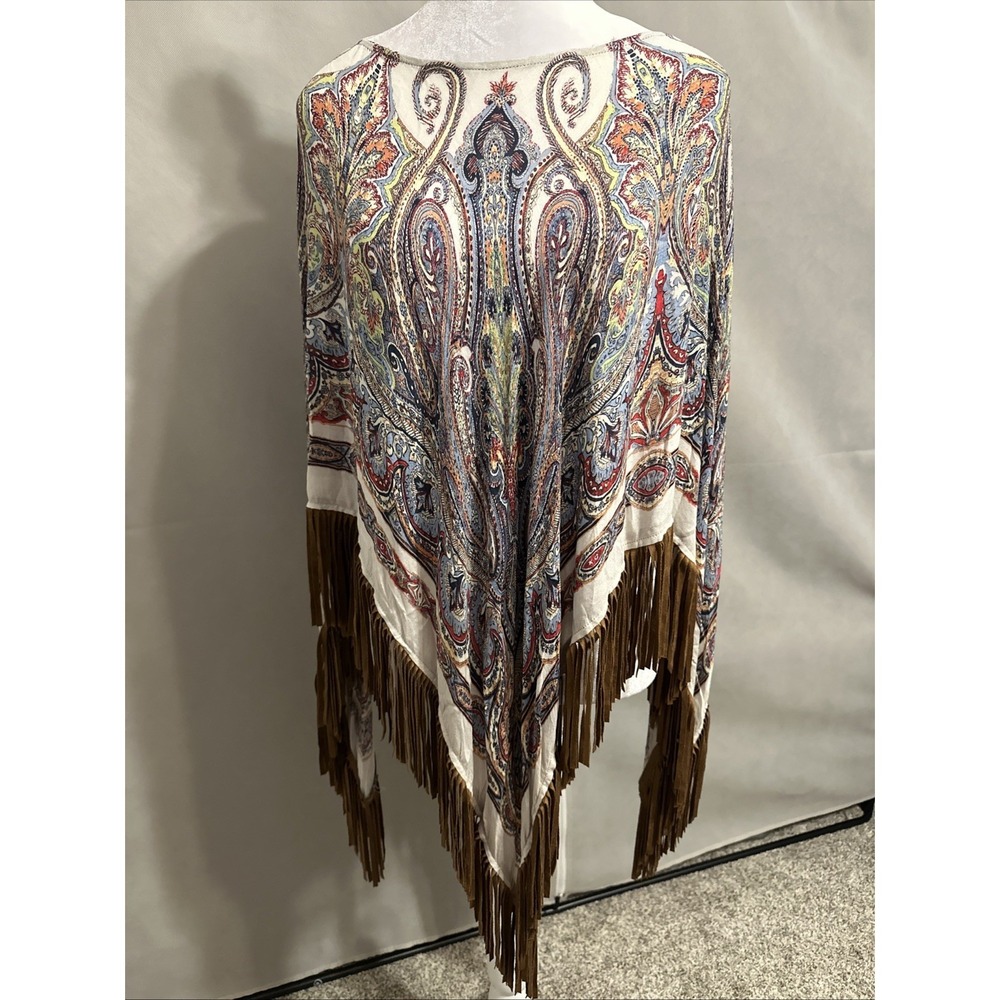 Chicos Rayon Size 0S Paisley Western Boho Lightweight Silky Draped Shawl Fringe